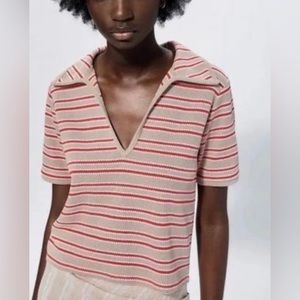 Zara Knit Cropped V Neck Top With Collar